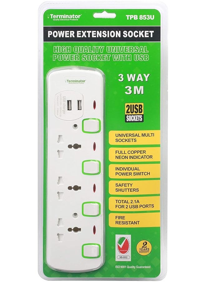 Terminator Terminator Power Extension 3 Socket 2 USB Charging Ports with 3 Meter Cable -TPB 853U 