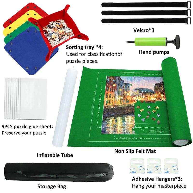 FELIZROCA Portable Puzzle Mat Roll Up - with 9 Glue Sheets, Sorting Trays, Hand Pump, Inflatable Tube, and Storage Bag - Perfect for Kids and Adults (Green, 1500pcs) - Image 5