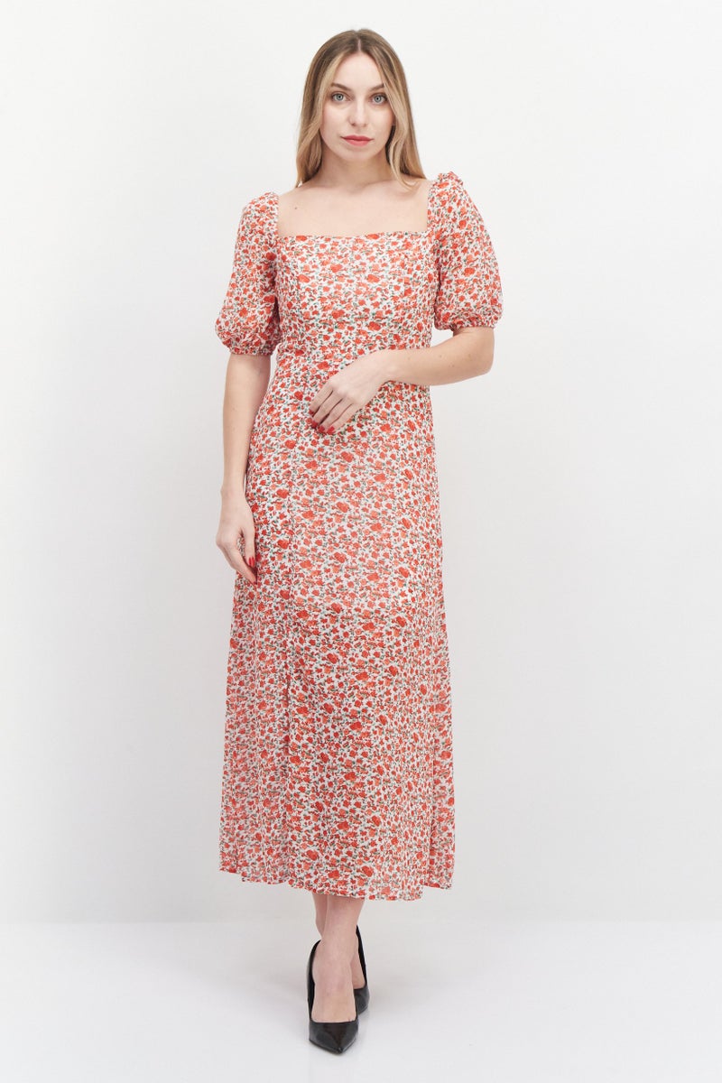 In the style فستان ميدي بقلنسوة مربعة وطباعة زهور للنساء، أبيض - Image 1