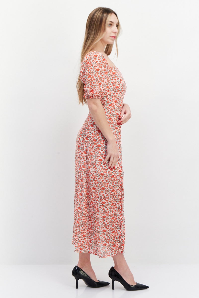 In the style فستان ميدي بقلنسوة مربعة وطباعة زهور للنساء، أبيض - Image 4