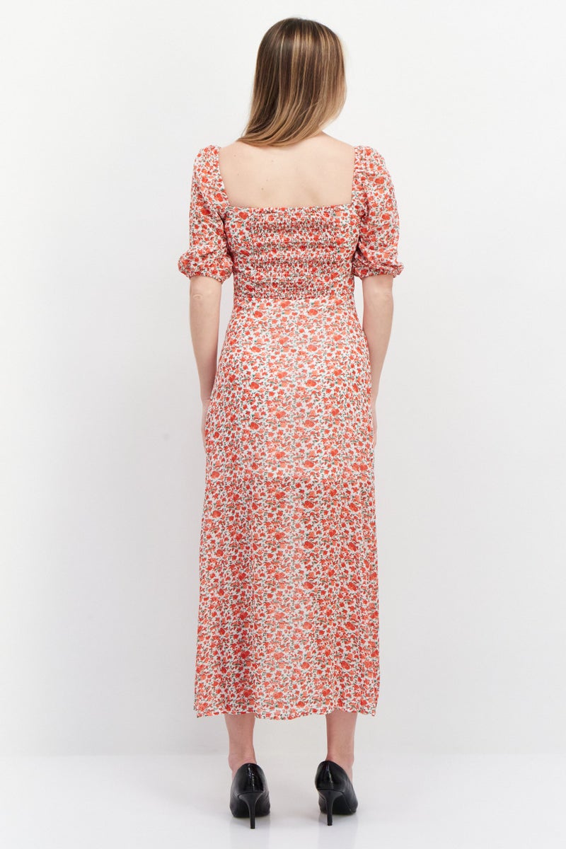 In the style فستان ميدي بقلنسوة مربعة وطباعة زهور للنساء، أبيض - Image 3