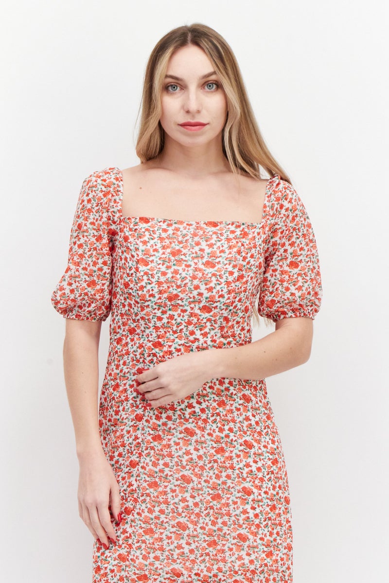 In the style فستان ميدي بقلنسوة مربعة وطباعة زهور للنساء، أبيض - Image 2