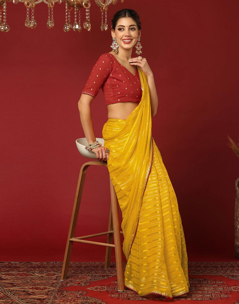 SIRIL Women's Georgette Zari Work Embellished Saree with Unstitched blouse Piece (4319S279_Yellow) - Image 2