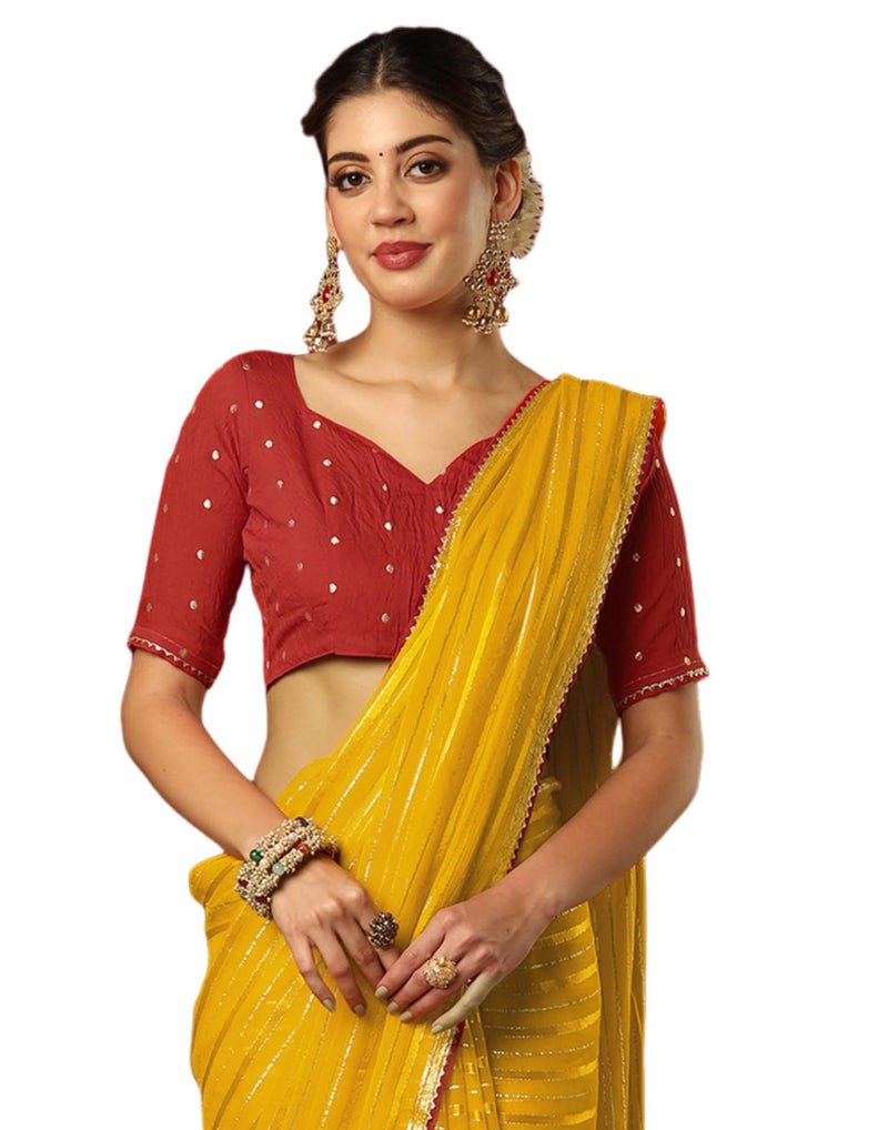 SIRIL Women's Georgette Zari Work Embellished Saree with Unstitched blouse Piece (4319S279_Yellow) - Image 1