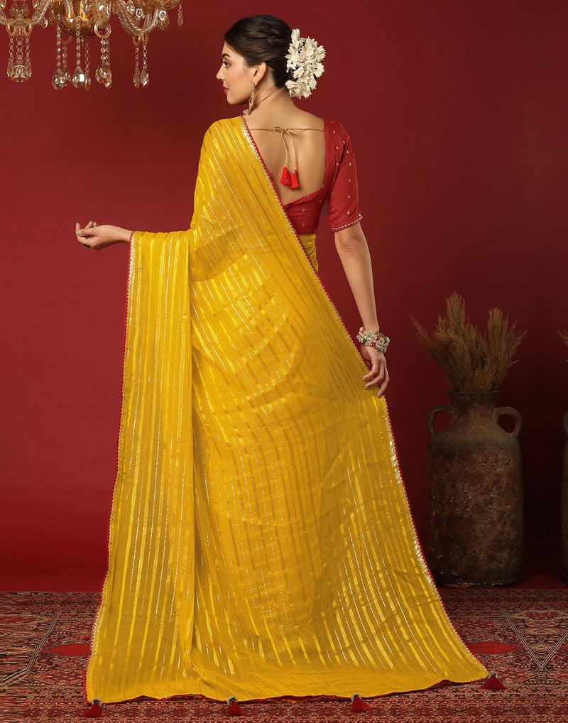 SIRIL Women's Georgette Zari Work Embellished Saree with Unstitched blouse Piece (4319S279_Yellow) - Image 3