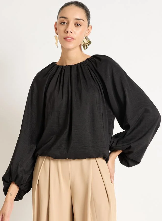 Femmella Black Balloon Sleeve Round Neck Top