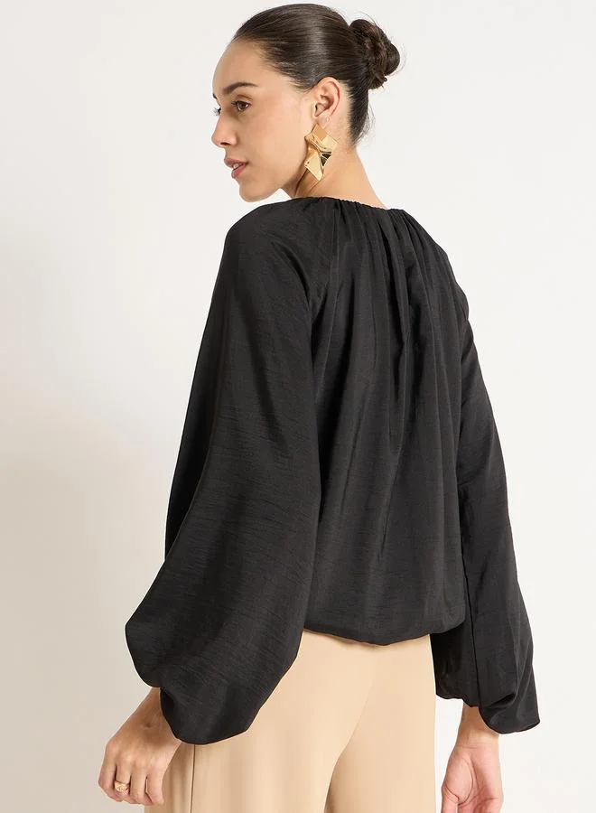 Femmella Black Balloon Sleeve Round Neck Top