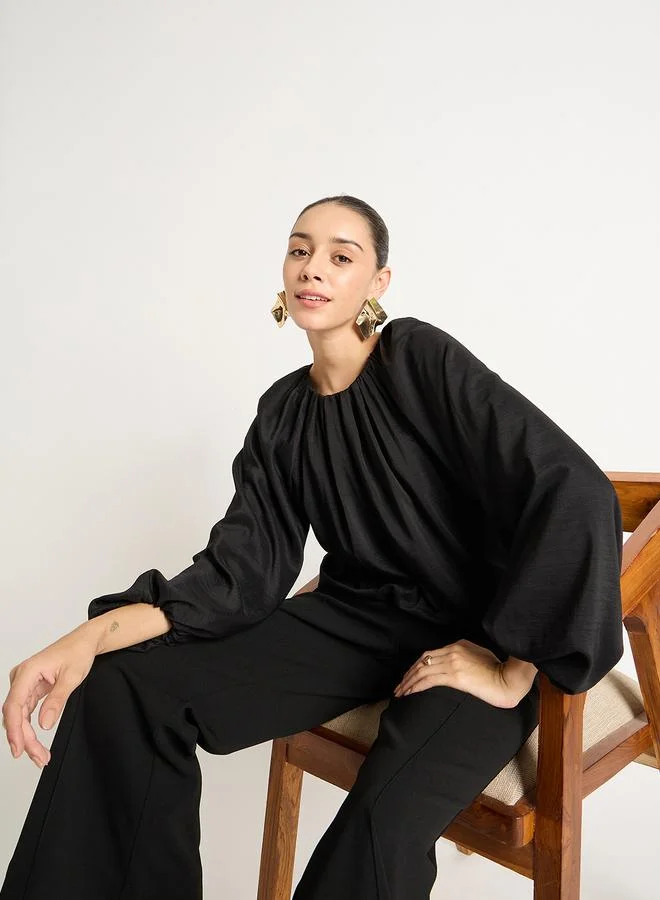 Femmella  Black Balloon Sleeve Round Neck Top for Women | Best Price UAE