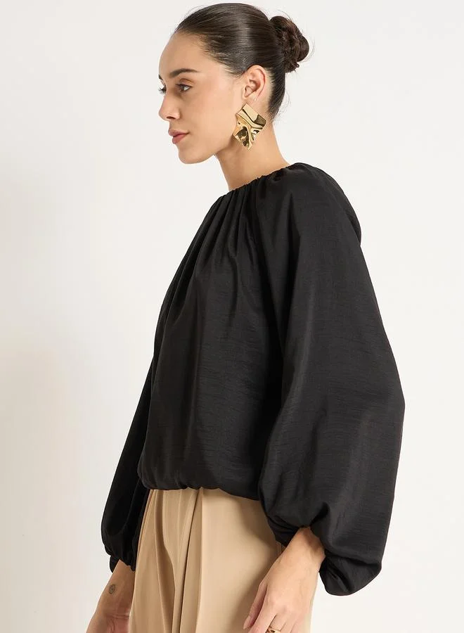 Femmella  Black Balloon Sleeve Round Neck Top for Women | Best Price UAE