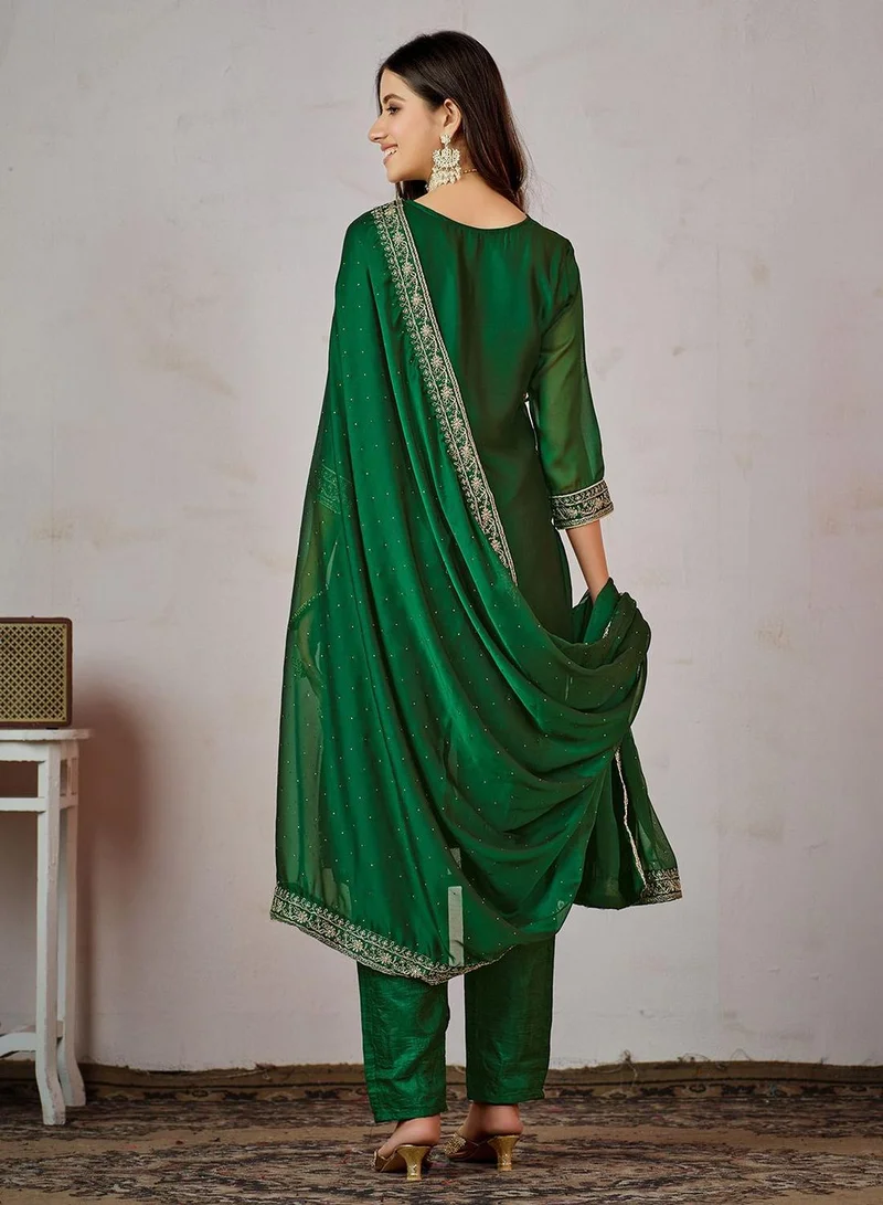 ISHIN Women's Green Art Silk Printed Tunic Full Length Casual Regular Fit Kurta Set