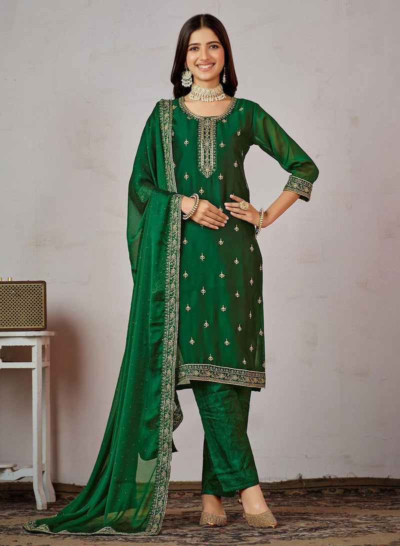 ISHIN Women's Green Art Silk Printed Tunic Full Length Casual Regular Fit Kurta Set - Image 3