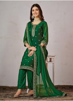 Regular Fit Three-Quarter Sleeve Printed Green Silk Woven Kurta Set For Women Flat Collar Perfect For Wedding And Engagement Pull On Closure - pzsku/ZA0B4A9FC2105753EDF41Z/45/1741088045/ed56c2bc-853f-4664-9bd1-32af2318ef84