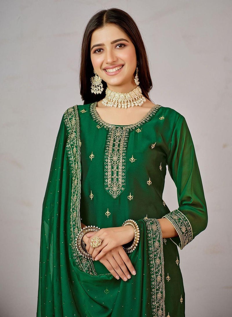 ISHIN Women's Green Art Silk Printed Tunic Full Length Casual Regular Fit Kurta Set - Image 2