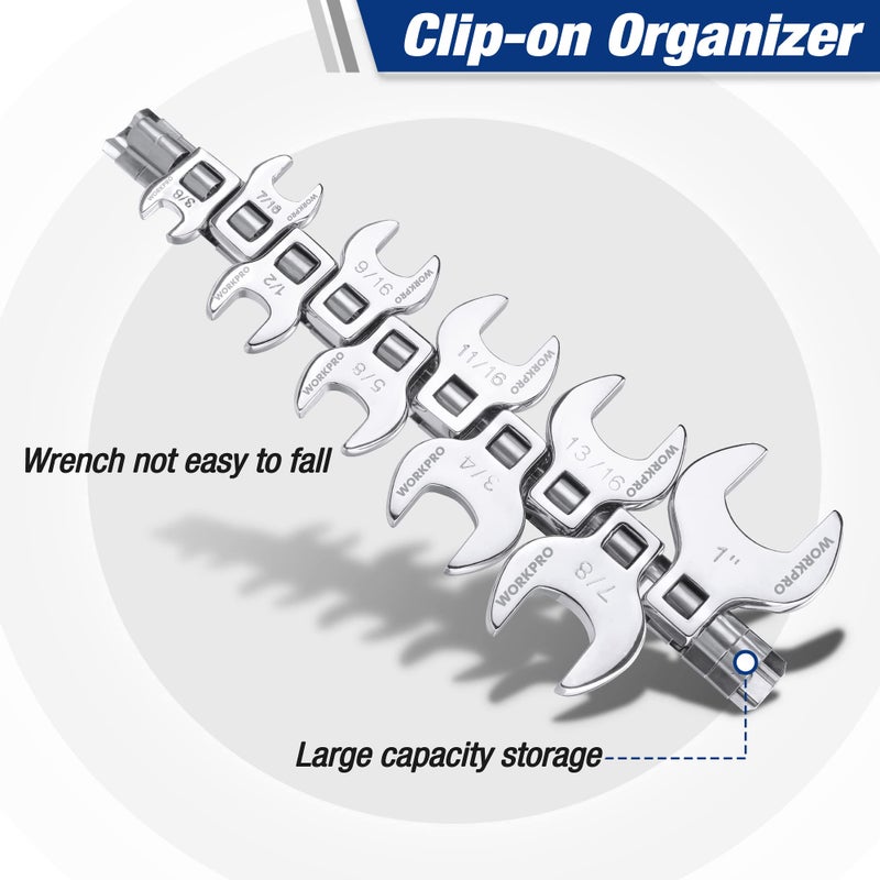 WORKPRO 3/8" Drive Crowfoot Wrench Set, 10-Piece SAE Crowfoot Wrench with Clip-on Organizer, 3/8”-1”, Great for Automotive Repair Work Hard-To-Reach Areas - Image 4