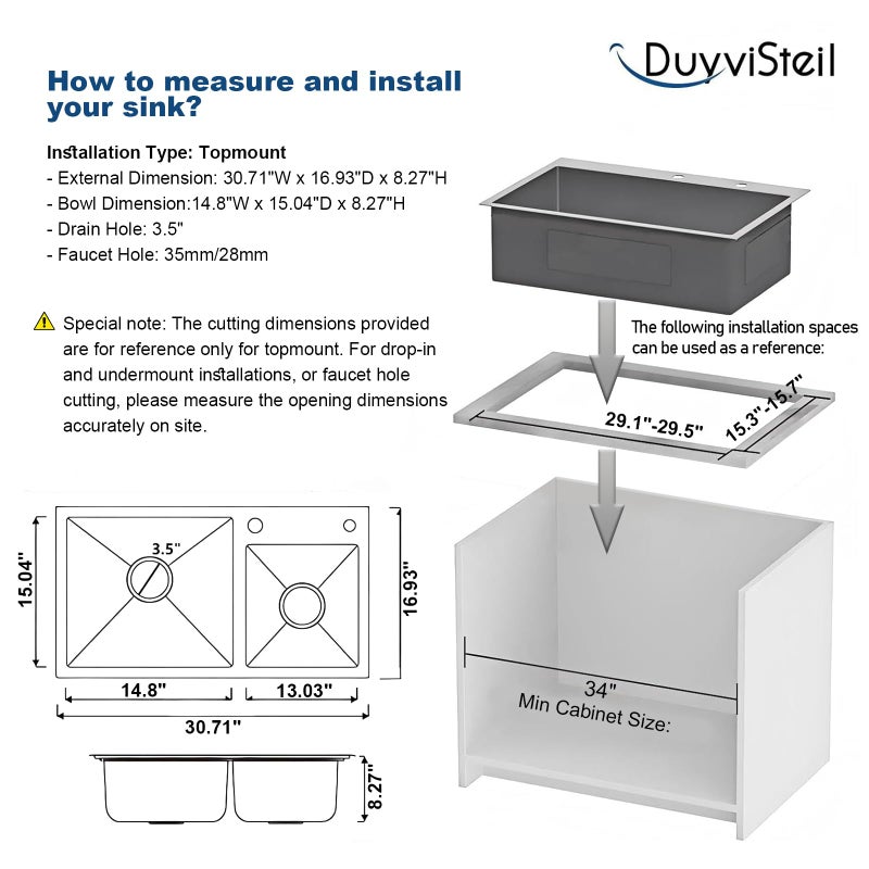 DuyviSteil Modern Kitchen Sink Nano-Coated 30.7x16.9 Inch Stainless Steel Kitchen Sink, Drop in & Topmount Double Bowl Sinks with Drainage Pipes and Fruit Baskets - Image 5