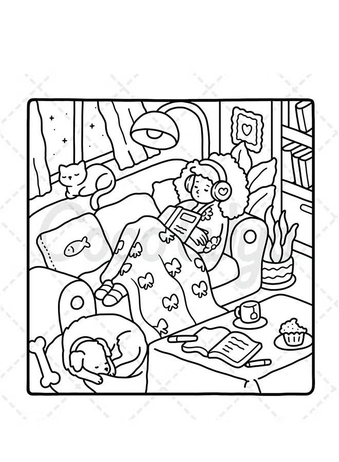 general Girl Moments: A Stress-Relief Coloring Book for Adults & Teens - Cute & Cozy Daily Activities, Mindfulness Illustrations | Relaxing Anti-Anxiety Art Therapy (Cozy Spaces Collection) - Image 4
