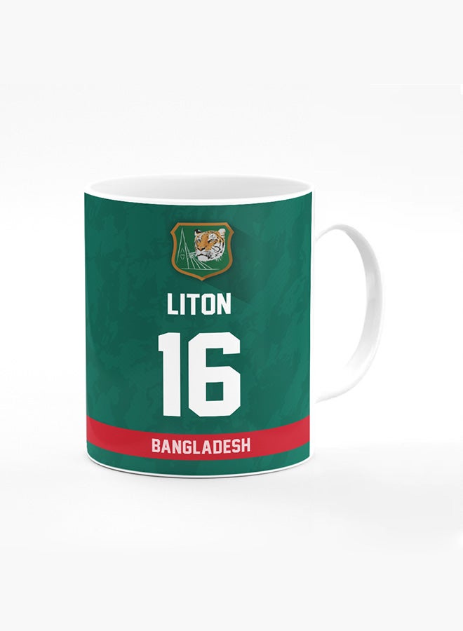 Stylizedd Designer Printed Coffee Mug with Heavy Duty Handle 11oz Ceramic Personalised Gift Mugs Cup [Microwave Safe & Dishwasher Proof ] - Cricket Player - Liton Das, Jersey Number - 16 (With Logo) - Image 1