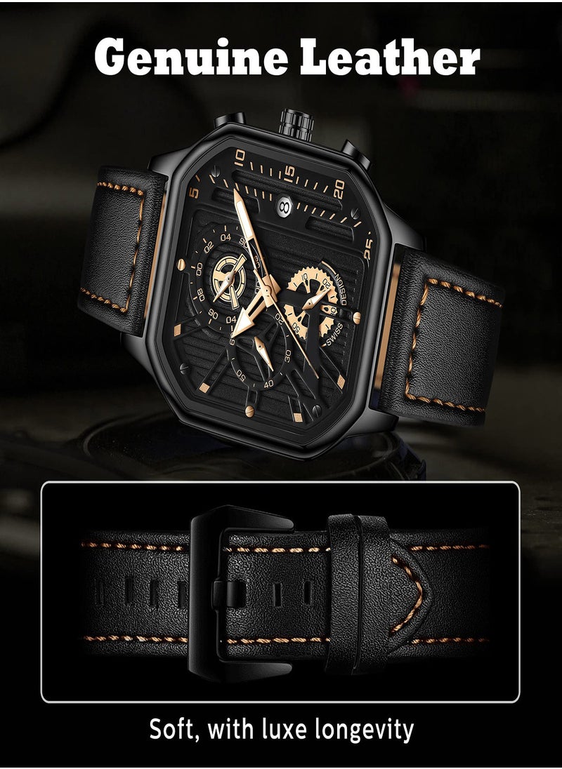 KASTWAVE Men's Watch Waterproof Luxury Chronograph Fashion Business Wristwatch Quartz Analog Black Leather Strap Wrist Watch for Men Automatic Chronograph Wrist Watch with Calendar  - Image 2