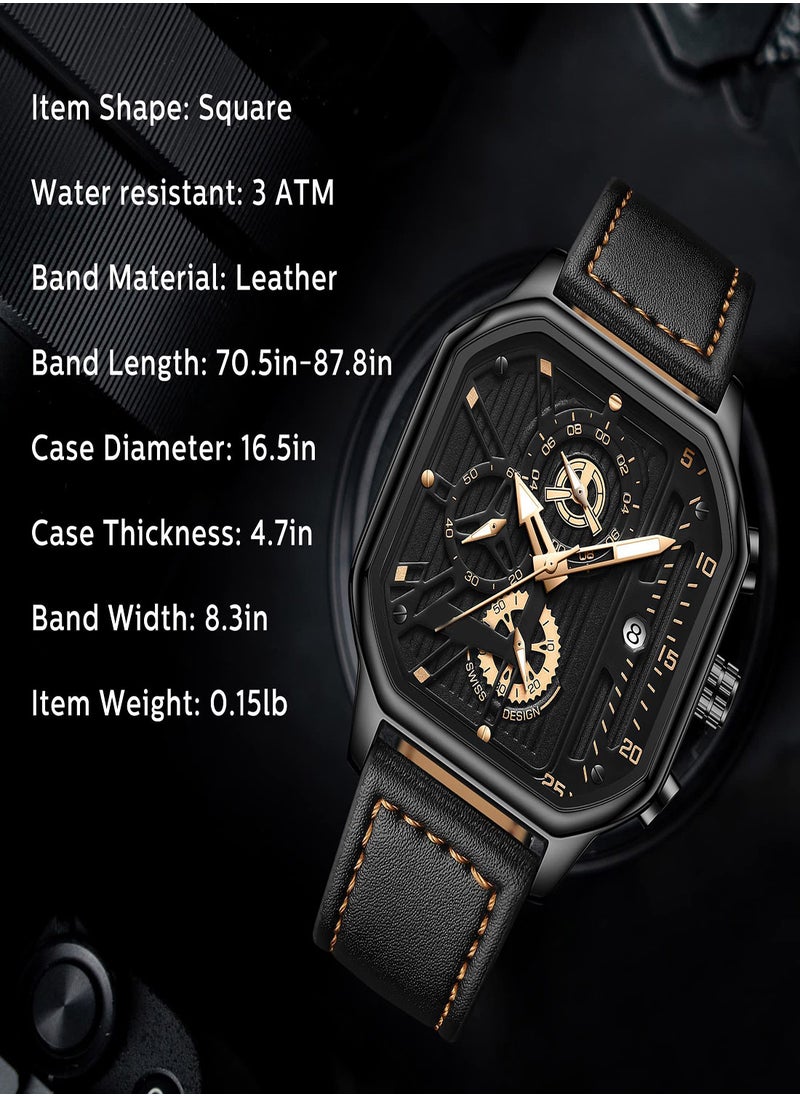 KASTWAVE Men's Watch Waterproof Luxury Chronograph Fashion Business Wristwatch Quartz Analog Black Leather Strap Wrist Watch for Men Automatic Chronograph Wrist Watch with Calendar  - Image 4