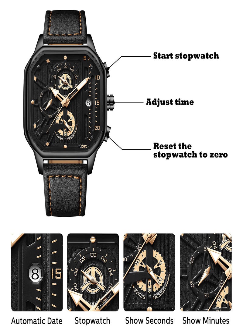 KASTWAVE Men's Watch Waterproof Luxury Chronograph Fashion Business Wristwatch Quartz Analog Black Leather Strap Wrist Watch for Men Automatic Chronograph Wrist Watch with Calendar  - Image 5