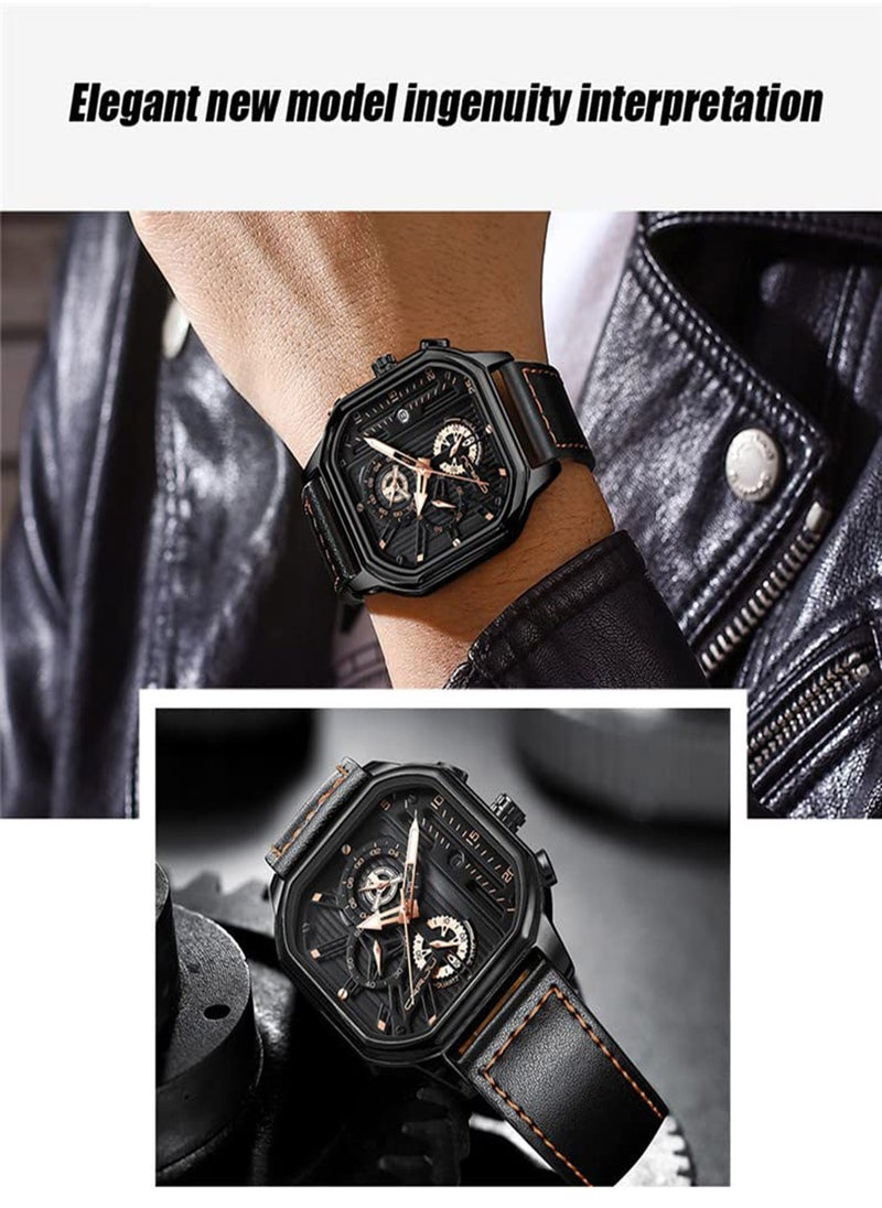 KASTWAVE Men's Watch Waterproof Luxury Chronograph Fashion Business Wristwatch Quartz Analog Black Leather Strap Wrist Watch for Men Automatic Chronograph Wrist Watch with Calendar  - Image 3