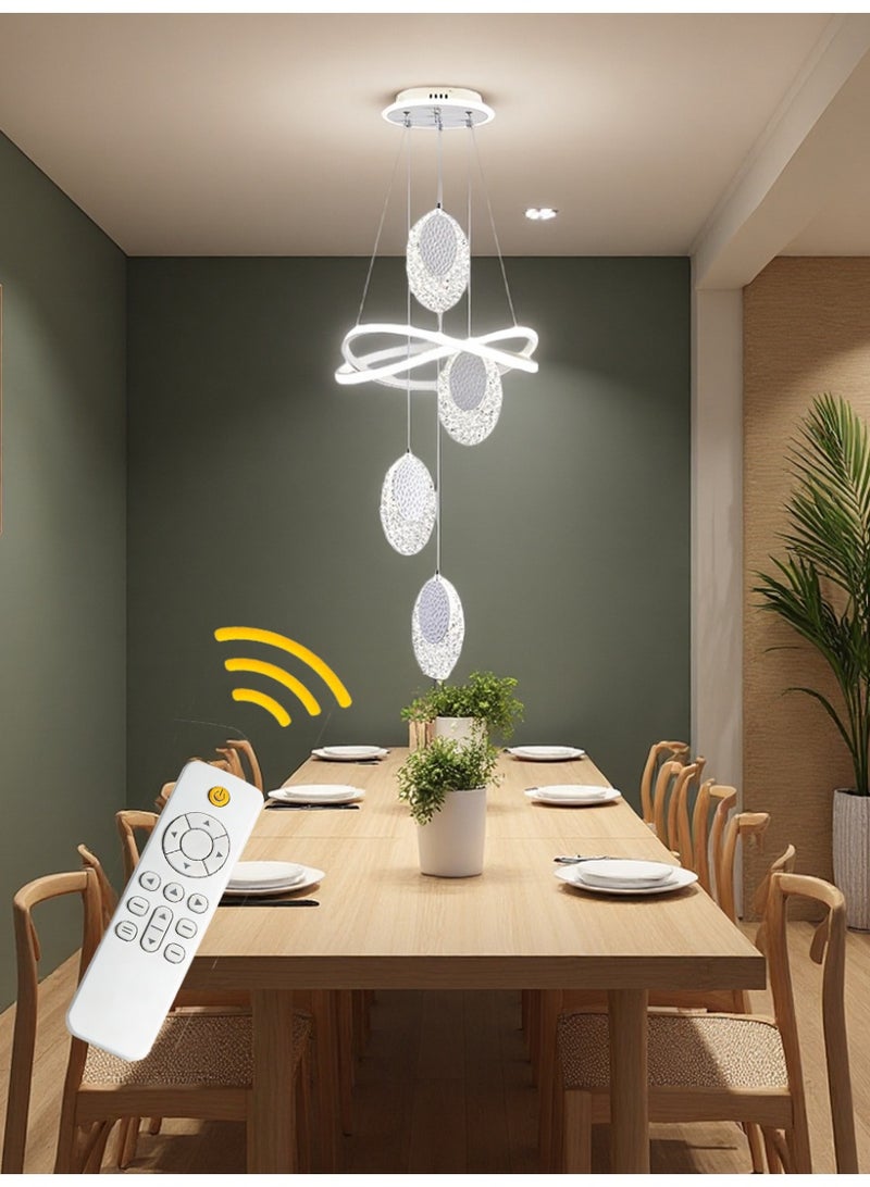 An LED pendant light with 4 oval lamp heads, featuring three different lighting colors that can be adjusted. It can be controlled via remote control or switch. The height is adjustable. Suitable for above the dining table, bedroom, and living room. Adjustable, suitable for the dining area. - Image 1