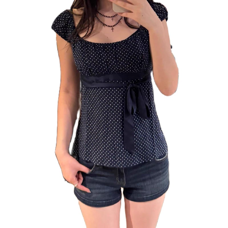 DSORVICD Women Polka Dot Babydoll Tops Y2k Cap Sleeve Square Neck Coquette Peplum Shirt Cute Teens Preppy Clothes (Blue, S) - Image 1