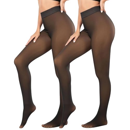 Wearslim Thermal Leggings for Women, Winter Wear Fleece Lined Translucent Warm Tights for Workout & Yoga, Soft Fur Semi Opaque Woolen Leggings - (Size: 26 to 34) Inch - Coffee Black - Pack of 2 - Image 1