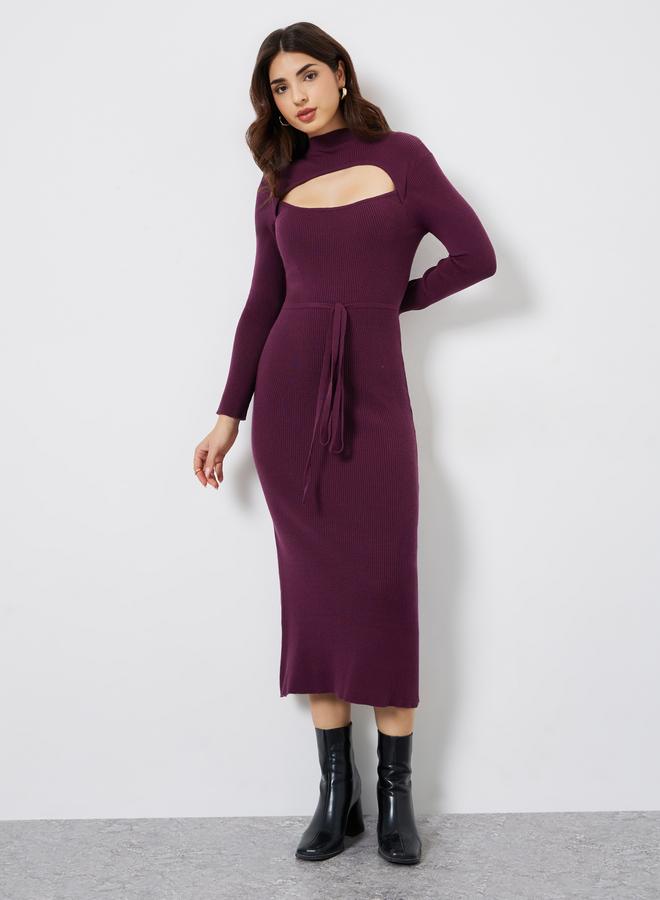 Styli Purple Ribbed Cut Out Sweater Midi Dress - Image 2