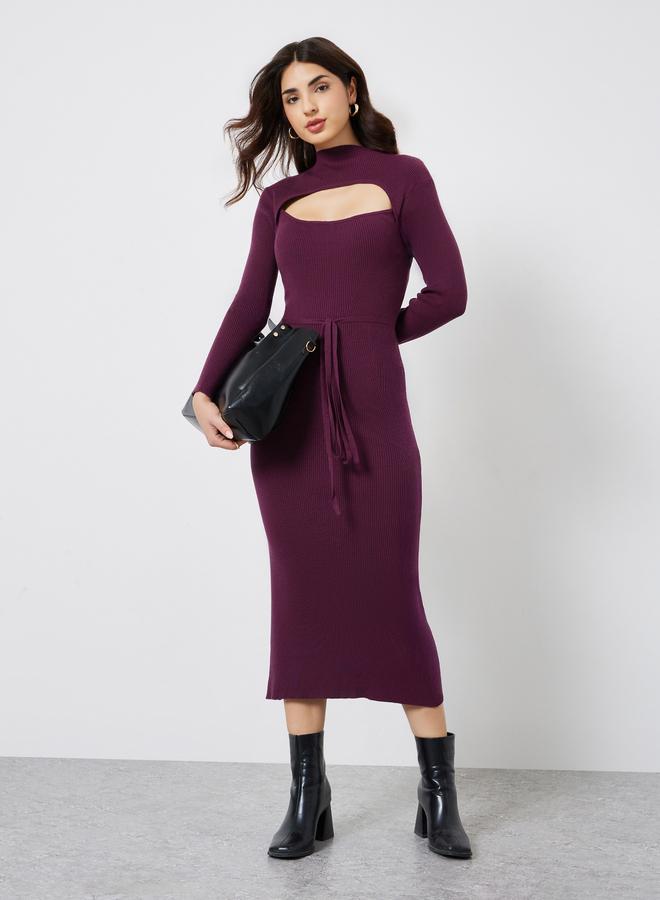 Styli Purple Ribbed Cut Out Sweater Midi Dress - Image 1