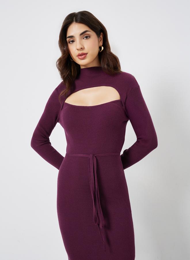 Styli Purple Ribbed Cut Out Sweater Midi Dress - Image 3