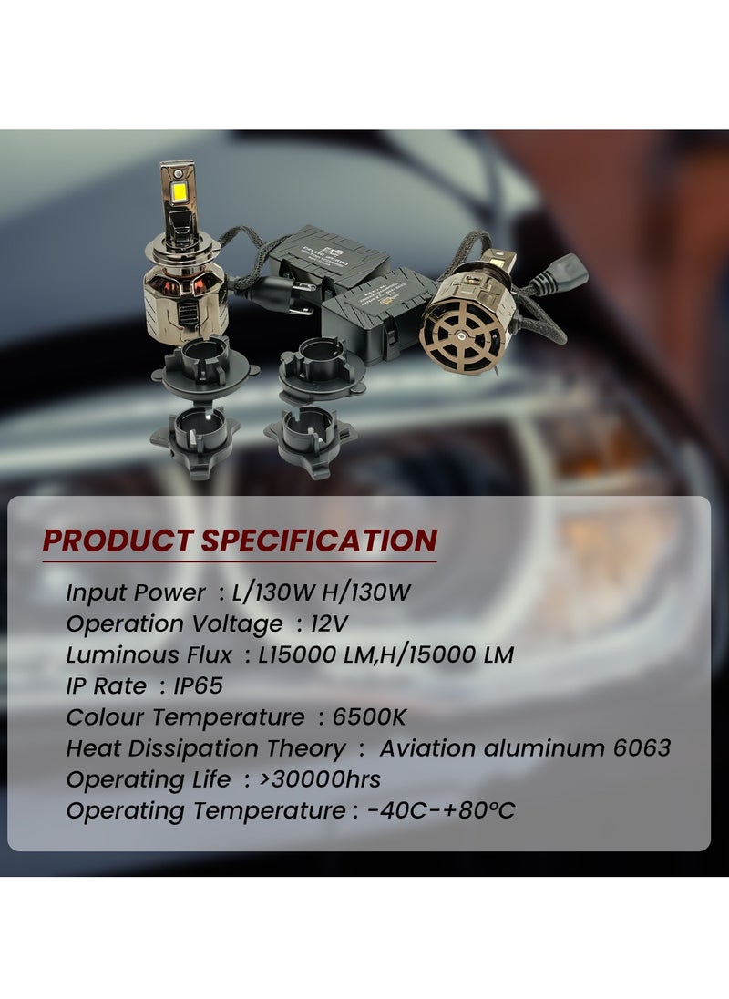 3XR - P130 LED Headlight Bulb Set 260W 30000LM 12V 6500K IP65 Waterproof CANBUS Ready with Aviation Aluminum Heat Sink High Brightness for H7 Car Headlamp - Image 1