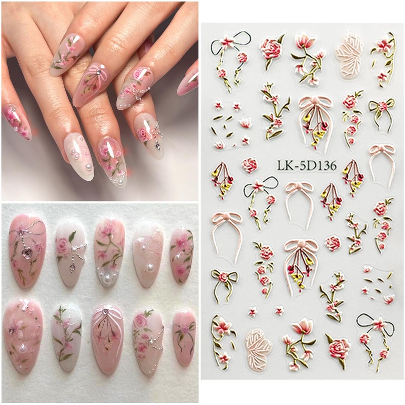 VOTACOS Flower Nail Art Stickers 5D Embossed Flower Nail Decals Spring Summer 3D Self Adhesive Bow Cherry Nails Decoration Supplies for Women Nails Design - Image 3