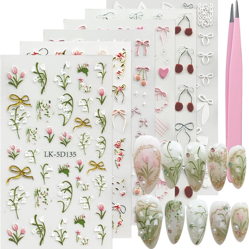 VOTACOS Flower Nail Art Stickers 5D Embossed Flower Nail Decals Spring Summer 3D Self Adhesive Bow Cherry Nails Decoration Supplies for Women Nails Design - Image 1