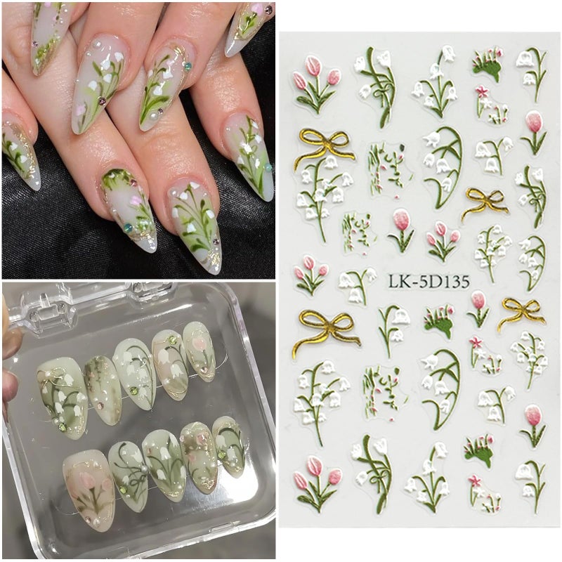 VOTACOS Flower Nail Art Stickers 5D Embossed Flower Nail Decals Spring Summer 3D Self Adhesive Bow Cherry Nails Decoration Supplies for Women Nails Design - Image 2