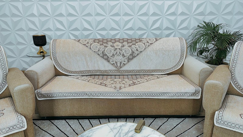 KREEVA Velvet Chenille Sofa Cover | for 5 Seater (3+1+1) Sofa | (Gold Ivory, 6 Piece Set) | Sofa Slipcovers - Image 3