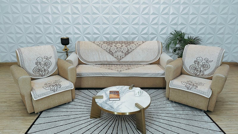 KREEVA Velvet Chenille Sofa Cover | for 5 Seater (3+1+1) Sofa | (Gold Ivory, 6 Piece Set) | Sofa Slipcovers - Image 1