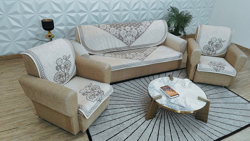 KREEVA Velvet Chenille Sofa Cover | for 5 Seater (3+1+1) Sofa | (Gold Ivory, 6 Piece Set) | Sofa Slipcovers - Image 5