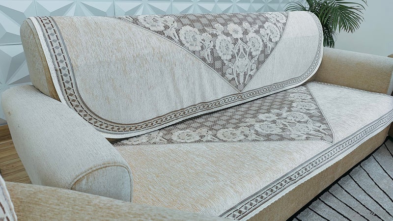 KREEVA Velvet Chenille Sofa Cover | for 5 Seater (3+1+1) Sofa | (Gold Ivory, 6 Piece Set) | Sofa Slipcovers - Image 4