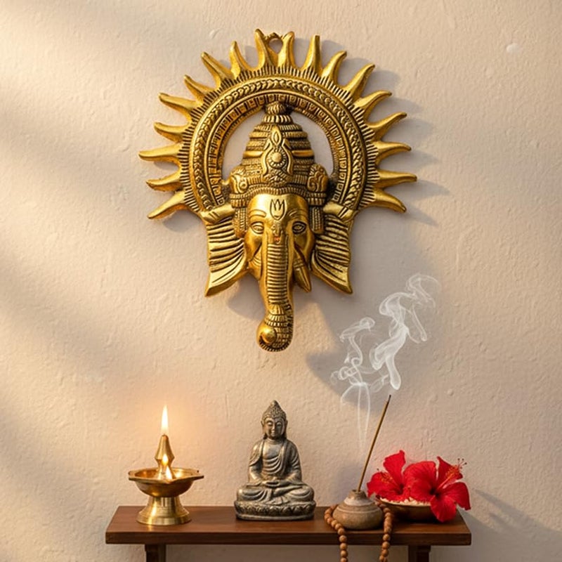 HindCraft Golden Metal Ganesha Wall Hanging – Lord Ganesh Statue Sculpture | Ganpati Wall Decor Showpiece Figurine | Lucky Feng Shui & Religious Gift Decor Items for Home & Office - Image 1