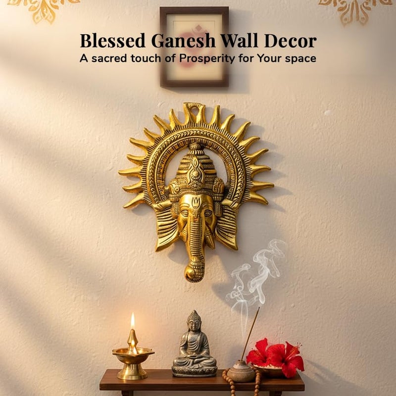 HindCraft Golden Metal Ganesha Wall Hanging – Lord Ganesh Statue Sculpture | Ganpati Wall Decor Showpiece Figurine | Lucky Feng Shui & Religious Gift Decor Items for Home & Office - Image 3