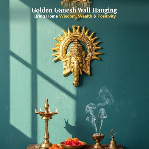 HindCraft Golden Metal Ganesha Wall Hanging – Lord Ganesh Statue Sculpture | Ganpati Wall Decor Showpiece Figurine | Lucky Feng Shui & Religious Gift Decor Items for Home & Office - Image 4