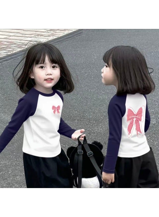 Girls Spring And Autum Pure Cotton Long-sleeved T-shirt New Medium And Large Children's Round Neck Color Matching Sweet And Cute Bottoming Shirt