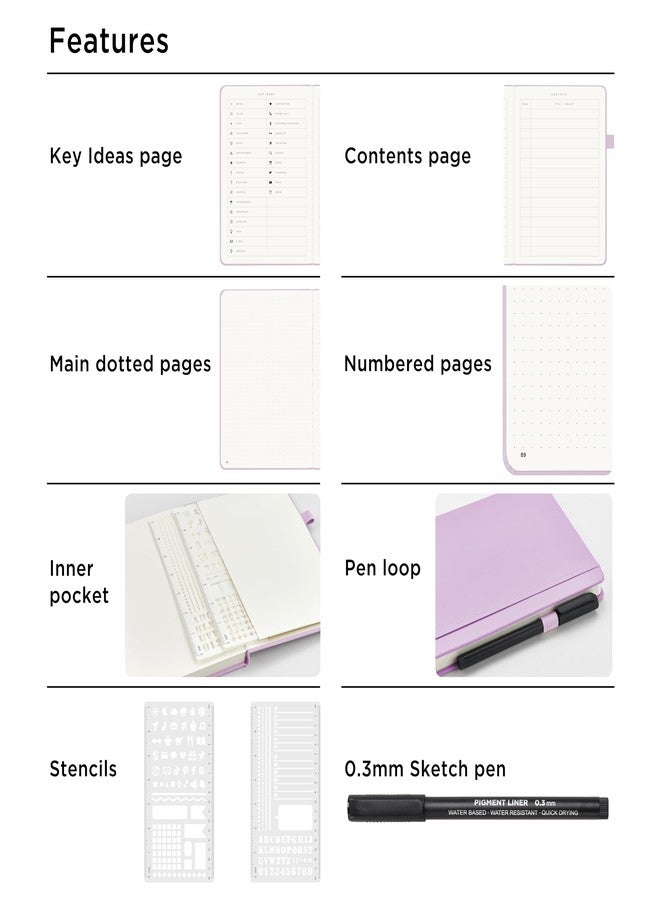 &And Per Se ⩓ Per Se Bullet Dotted Journal Notebook, A5 Leather Hardcover, 176 Numbered Pages 100GSM Thick Dotted Paper, 2 Sheets of Stencils Included - 5.7'' x 8'' (Lavender) - Image 4