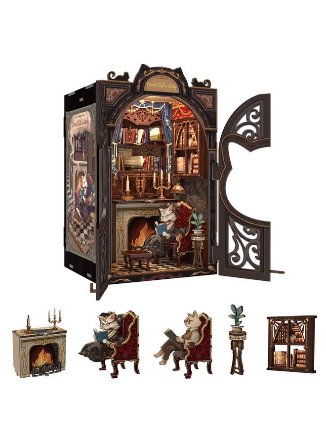 Fsolis Book Nook Kit, Diy Miniature House Kit Puzzle Booknook Mini For Adult Bookshelf Alley Decor For Women Teens Craft Lovers(Count Cat'S Study) - Image 1