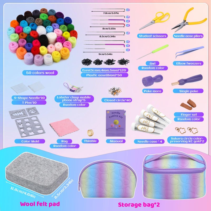 Mayboos Needle Felting Kit, 50 Colors Wool Roving Set, Needle Felting Starter Kit for Beginners with Wool Felting Tool Mat Needle Felting Supplies for DIY Crafts Home Decoration - Image 2