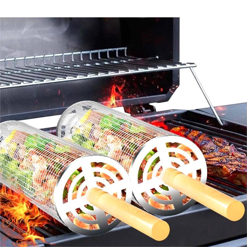 JIARENQBB Nesting Rolling Grill Baskets 2PCS304 Stainless Steel BBQ Tools with Removable Wooden Handle for VegetablesShrimpCampingBackyardOutdoor Grilling AccessoriesGrilling Gifts for Men - Image 1