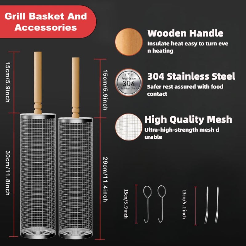 JIARENQBB Nesting Rolling Grill Baskets 2PCS304 Stainless Steel BBQ Tools with Removable Wooden Handle for VegetablesShrimpCampingBackyardOutdoor Grilling AccessoriesGrilling Gifts for Men - Image 3