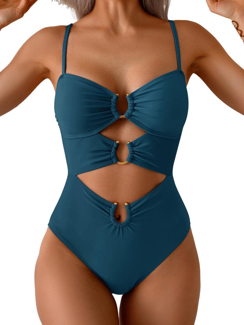 Eomenie Womens Cutout One Piece Swimsuit with Ring Linked Sexy Monokini Bathing Suit for Beach Vacation Peacock Green - Image 1