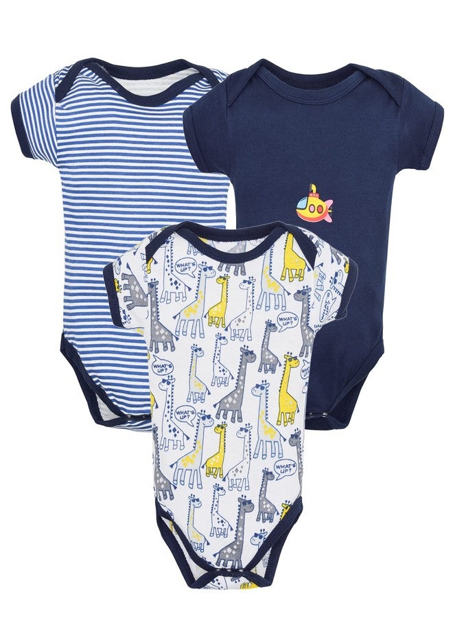 Magic Town® 100% Cotton Unisex Half Sleeve Baby Bodysuit for Kids and Infants Set of 3 (Blue) (3-6 Months) - Image 1